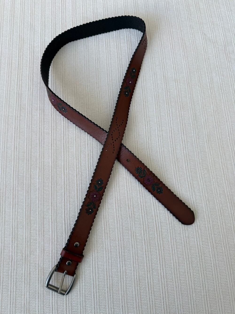 Lucky Brand Brown Genuine Leather Embroidered Floral Studded Belt XL
